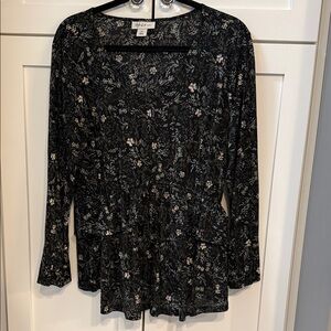 Style & Co. Black Floral Peplum Tunic Top with Cream Accents